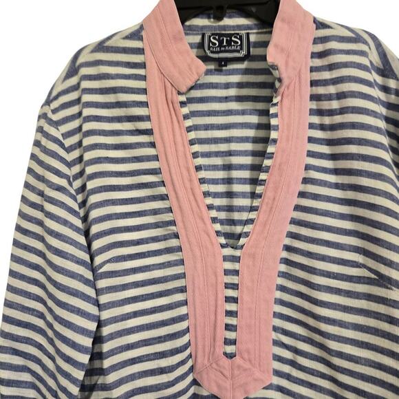 STS Sail to Sable Striped Tunic Top Navy Pink Trim Preppy 3/4 Sleeve Sz 4 - Picture 2 of 7